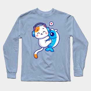 Cute Cat Hug Fish With Headphone Cartoon Long Sleeve T-Shirt